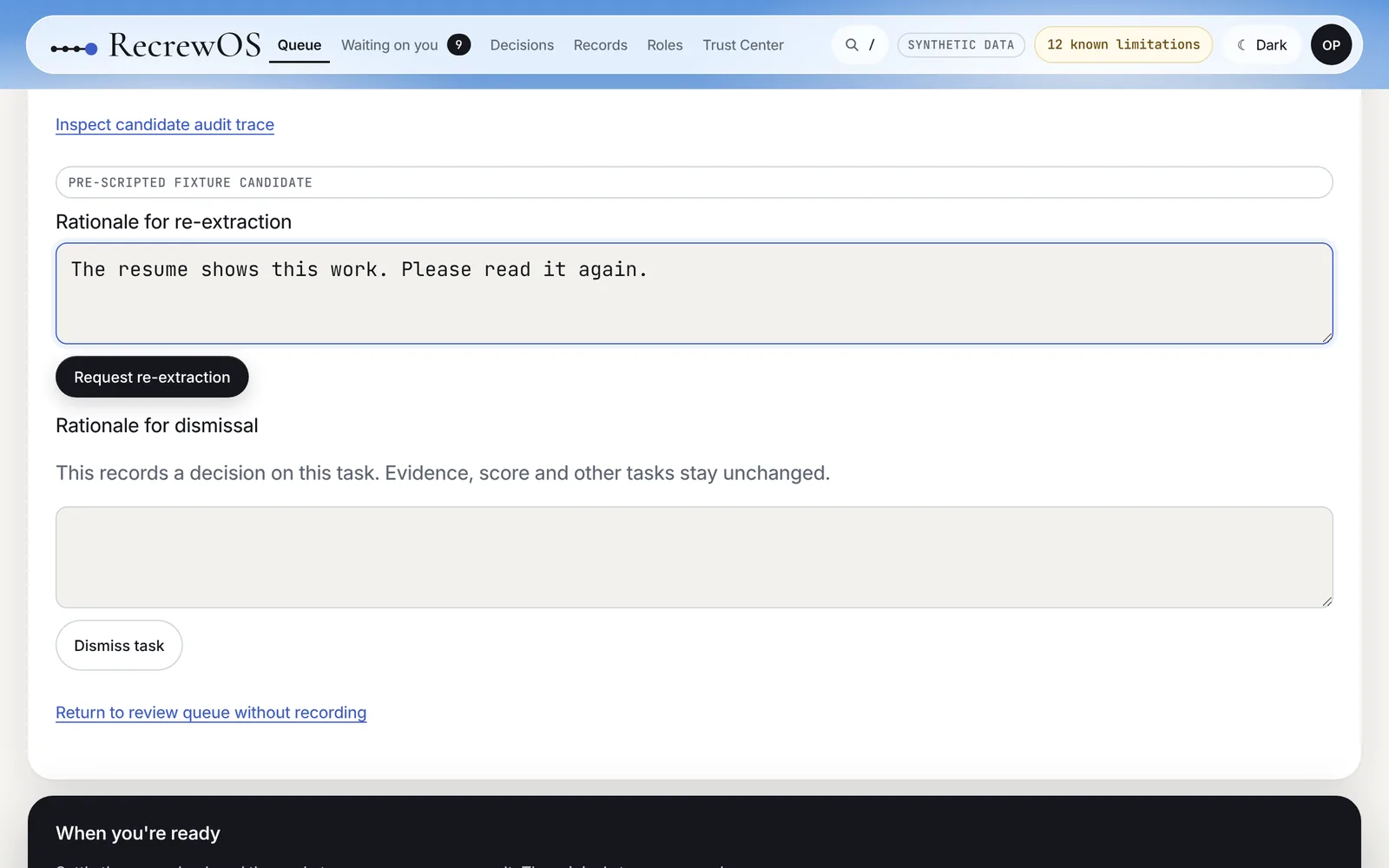 The re-check form: the reviewer has typed a reason and is about to press Request re-extraction.