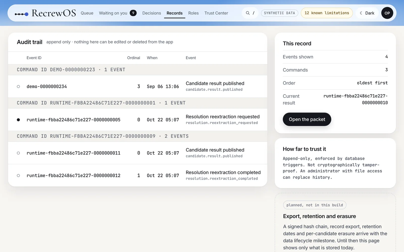 The candidate audit trail, oldest first: the first result, the re-check requested by a person, the new result and the re-check completed.